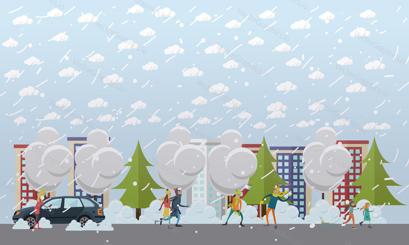 Blizzard concept vector illustration. Winter weather with snowfall and wind. Young woman clearing car from snow, couple walking in the street, children playing snowballs, sledding, flat style design.
