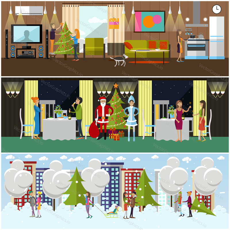 Vector set of banners with New Years Eve preparation, celebration at home and restaurant, winter activities design elements. Cartoon characters. Happy New Year concept in flat style.