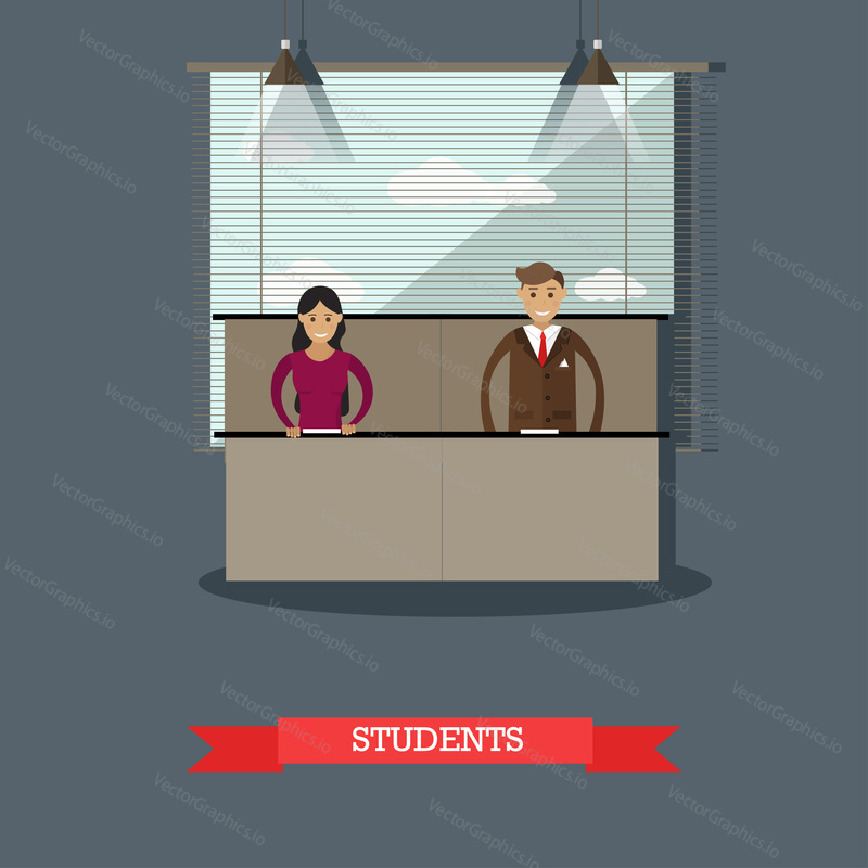 Vector illustration of students boy and girl at the university. Classroom interior. Lecture, seminar. Higher education concept design element in flat style.