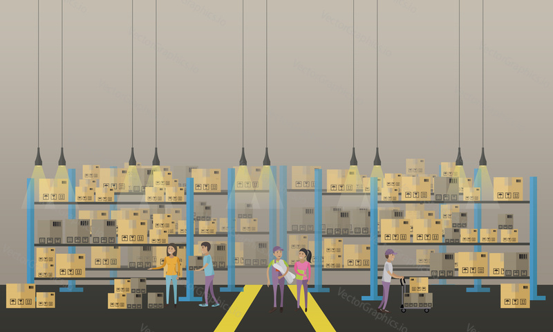 Logistic and delivery service concept banner. Warehouse interior. Vector illustration in flat style design.