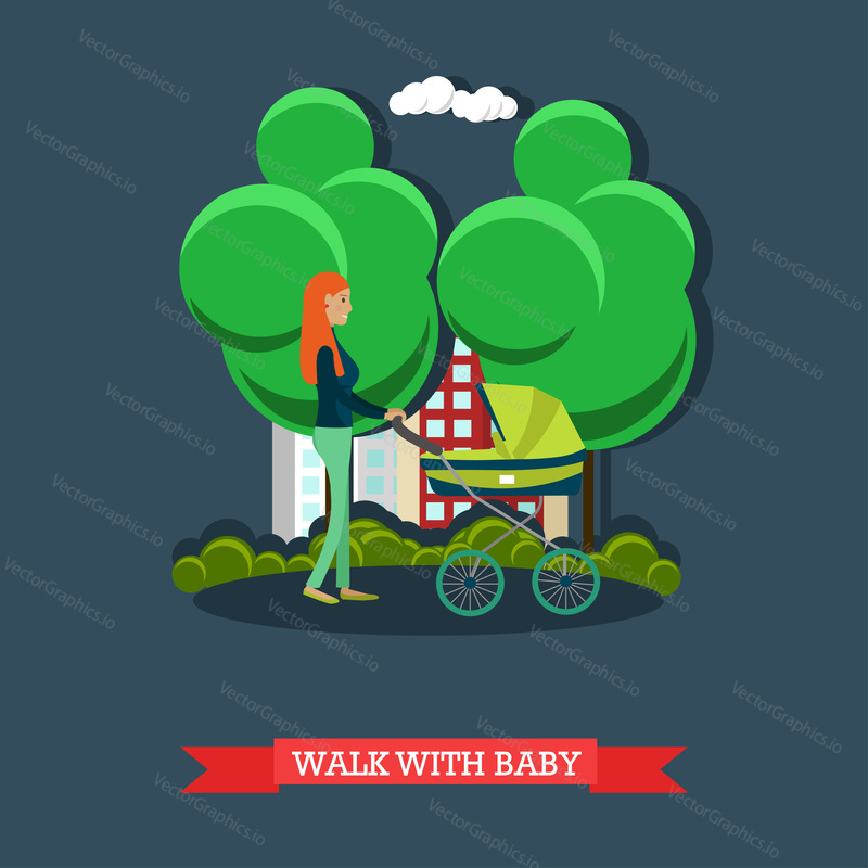 Vector illustration of mother with her baby in pram walking in the street. Street traffic concept design element in flat style.