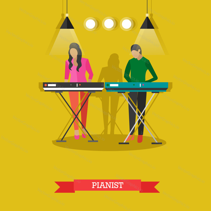 Chlapec a dívka hrající na elektrické piano na jevišti. Mladí lidé hrají na hudební nástroje, vektorová ilustrace v plochém stylu.