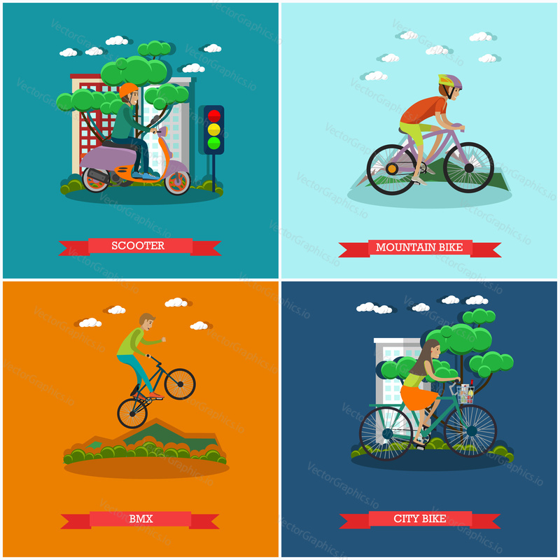 Vektorová sada plakátů typů jízdních kol. Koloběžka, Bmx, Horské kolo a městské kolo koncepční prvky v plochém stylu.