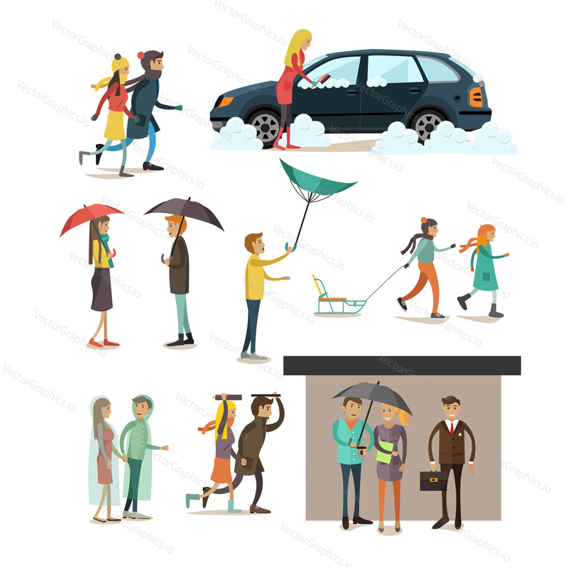 Vector set of rainy, windy, snowy weather concept flat style design elements, icons isolated on white background. Characters walking in blizzard, storm and rain.