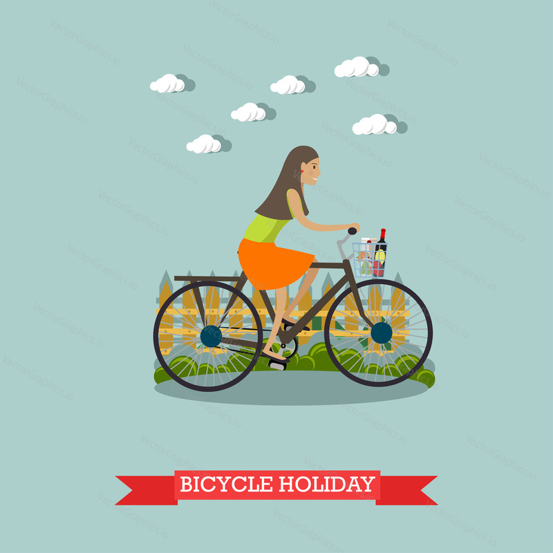 Koncept cyklistické dovolené vektorová ilustrace v plochém stylu. Mladá žena s nákupy na kole.