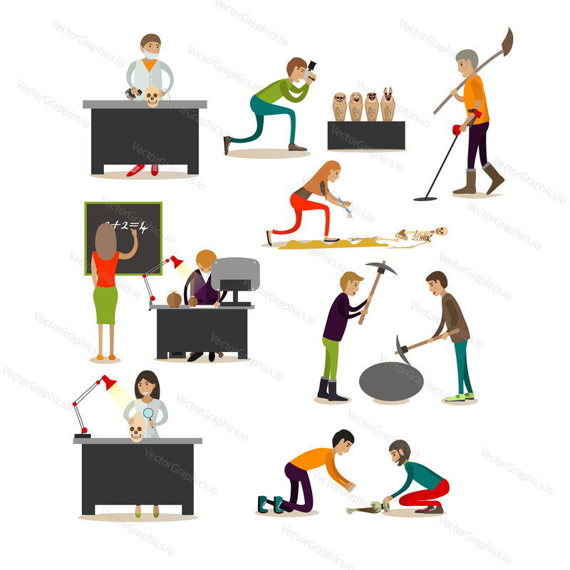 Vector set of archaeologists, scientists isolated on white background. People engaged in archaeological research, excavations. Flat style design elements.