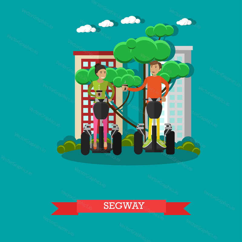 Vector illustration of young couple riding segway. Two-wheeled, self-balancing, battery-powered electric vehicle concept design element in flat style.