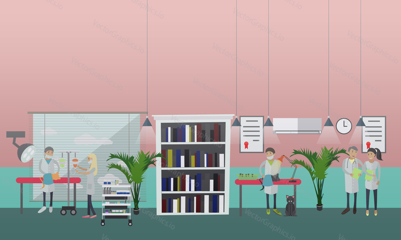 Vector illustration of veterinary surgeons performing a surgical operation on cat, assisting in kitten birth. Vet clinic services, surgery concept design element in flat style.