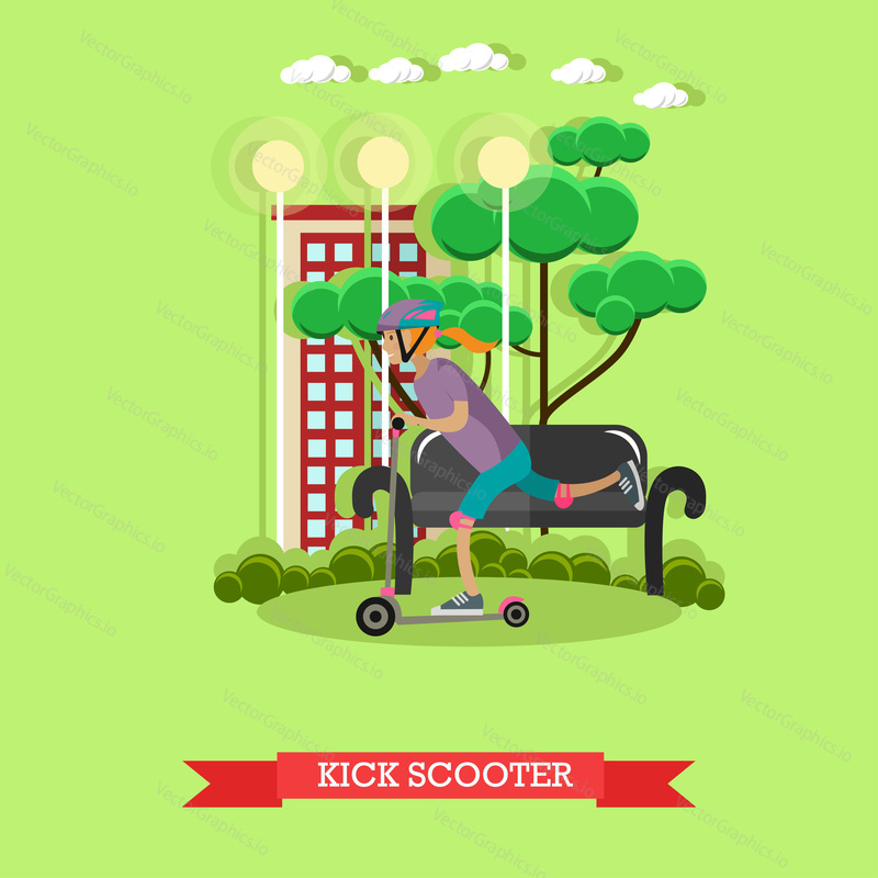 Vektorové ilustrace dívky na koni koloběžka. Push scooter concept designový prvek v plochém stylu.