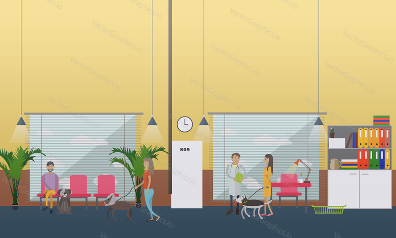 Vector illustration of veterinary surgeon, clients with their pets dogs. Vet clinic services concept design element in flat style.