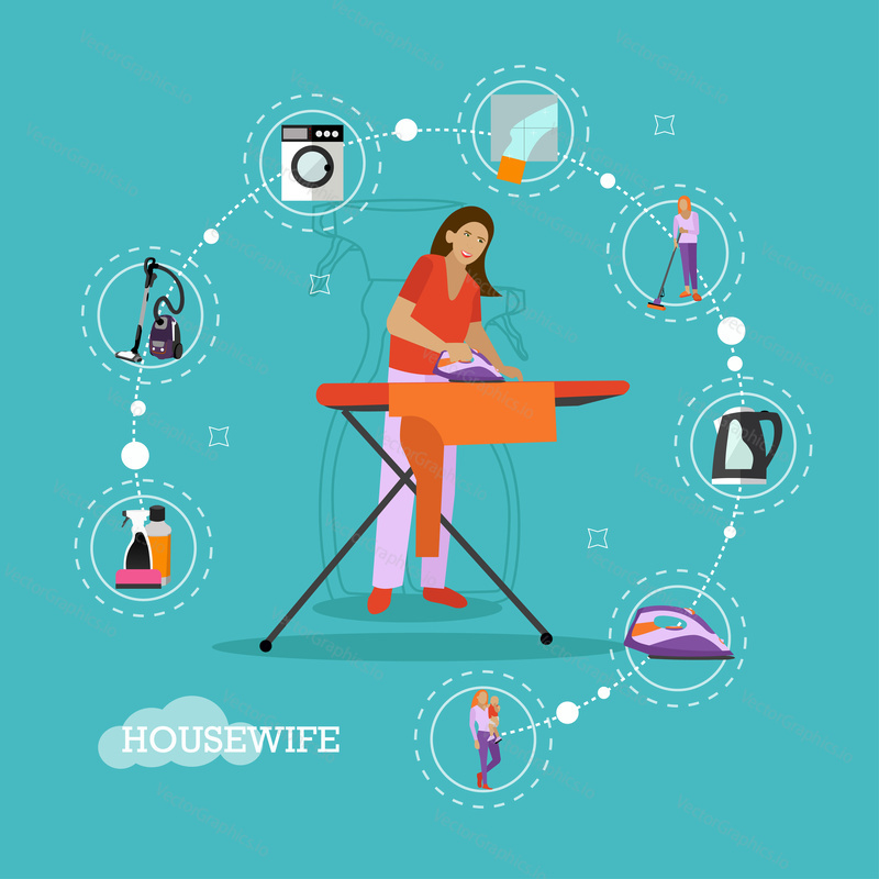 Vector set of housekeeping infographic items, icons. Woman ironing, mother with son, household appliances. Housewife concept design element in flat style.