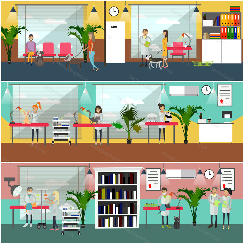 Vector set of veterinary care concept posters, banners. Medical staff, clients with their pets, interior design elements in flat style.