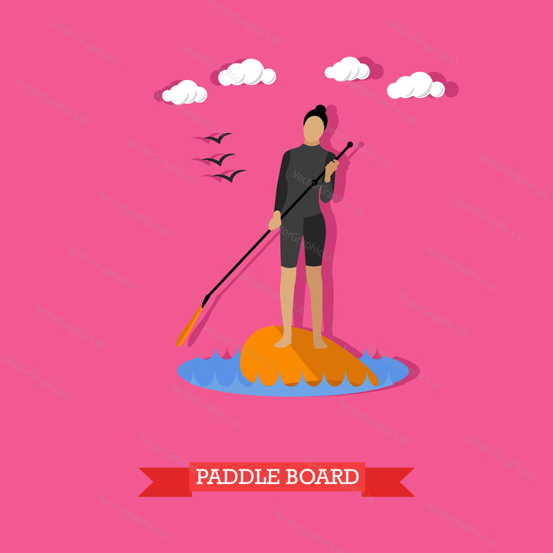 Mladá žena v neoprenu plavat na stand up paddle board. Sup surfování. Aktivní životní styl. Vektorové ilustrace v plochém designu