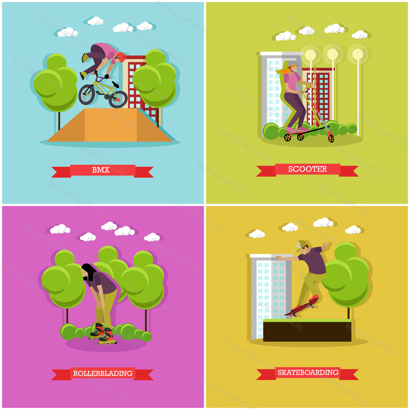 Vector set of skate sports. Skateboarding, rollerblading, kick scooter and bmx. Summer activities. Active lifestyle. Flat design