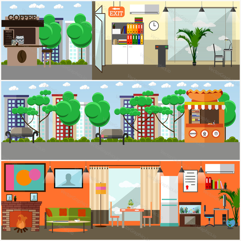 Vector set of gadgets interior concept posters, banners. Home and office interior, street, park. Flat style design elements.