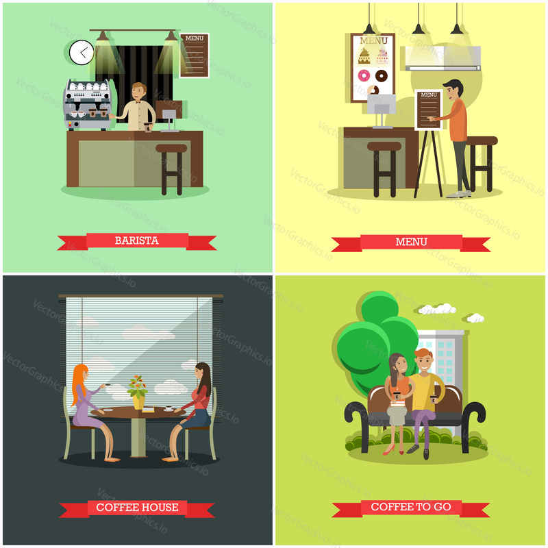Vector set of coffee house concept posters, banners. Barista, Menu, Coffee house and Coffee to go design elements in flat style.
