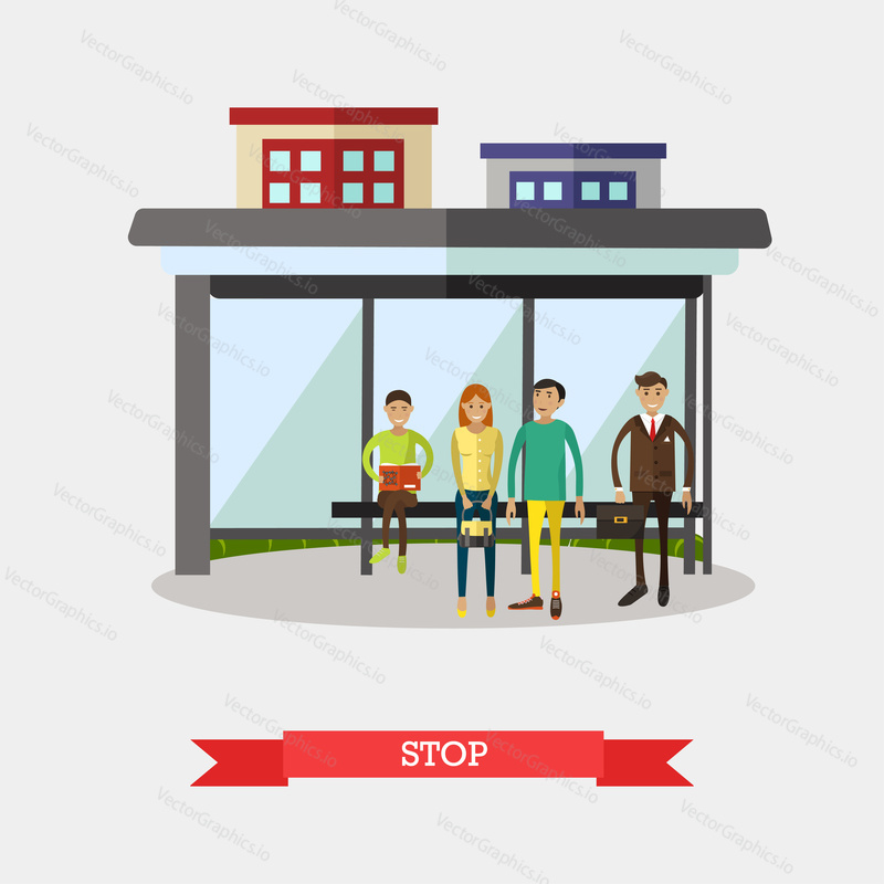 Vektorové ilustrace autobusové zastávky a lidí čekajících na městský autobus. Street traffic concept designový prvek v plochém stylu.