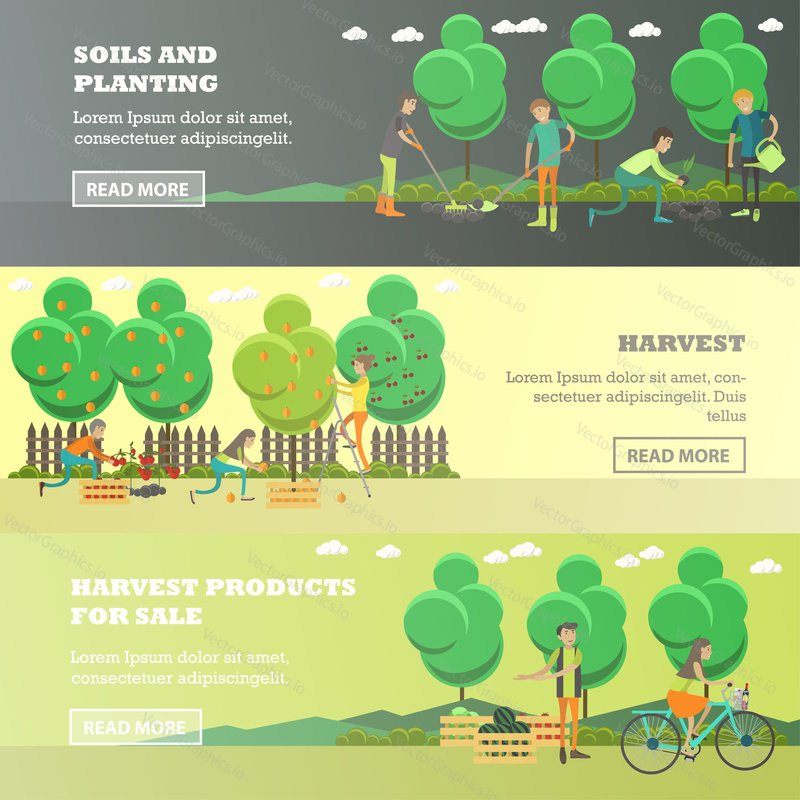 Vector set of gardening concept horizontal banners. Soils and planting, Harvest and Harvest product for sale design elements in flat style.