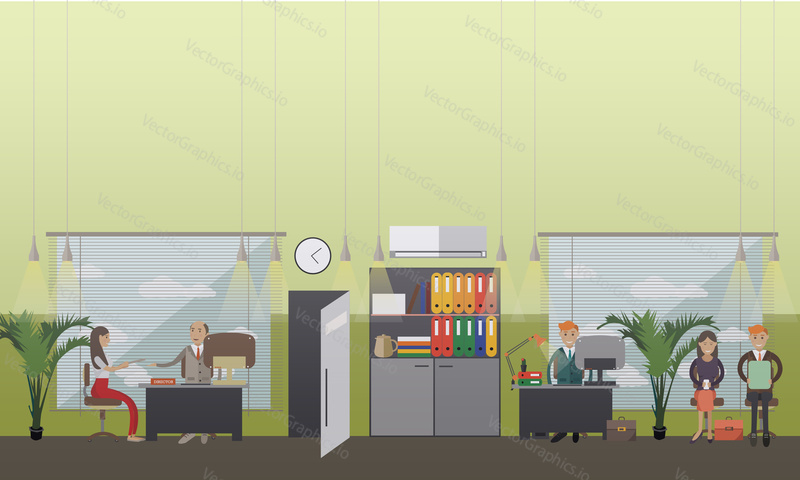 Vektorové ilustrace zaměstnance, manažer, ředitel rozhovor mladá žena, kandidáti čekají na pracovní pohovor. Kancelář, designový prvek konceptu lidských zdrojů v plochém stylu.