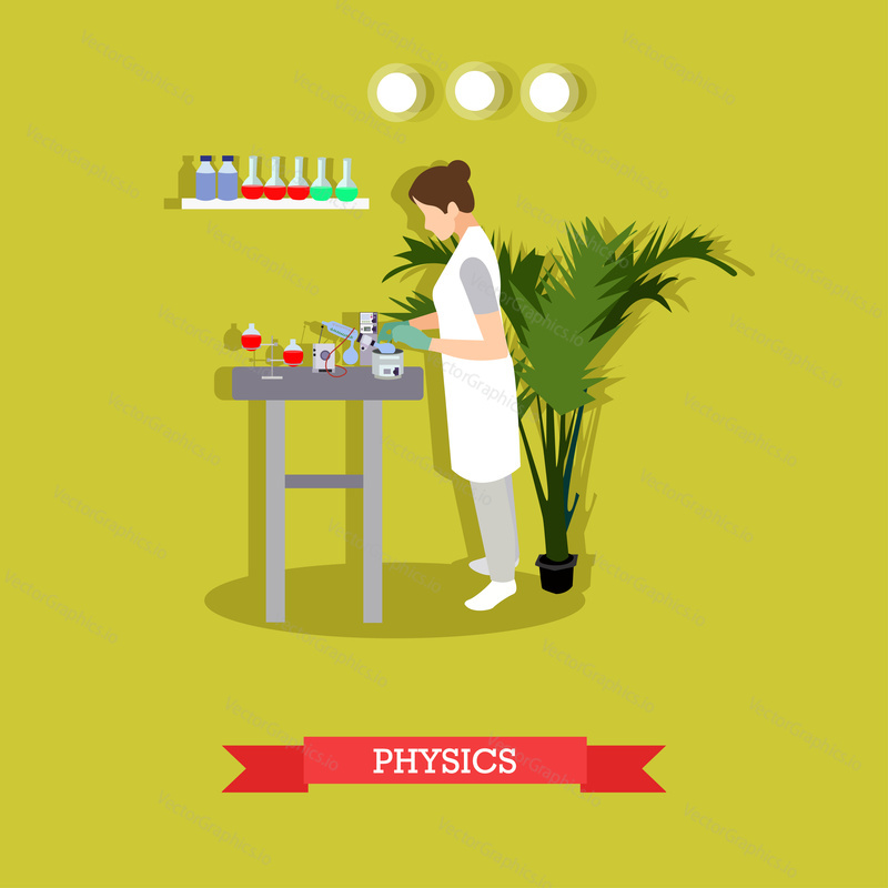 Koncepce výzkumu fyziky vektorová ilustrace v plochém stylu. Fyzik žena provádějící experiment. laboratorní interiér, sklo a vybavení.