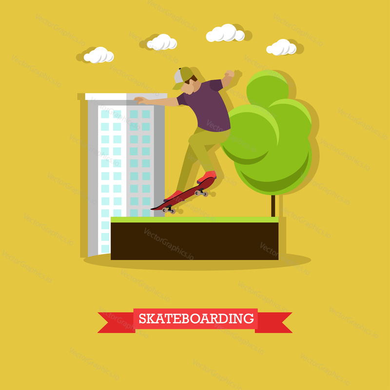 Skateboardista předvádí kousek ve skateparku na ulici. Chlápek, co dělá na rampě lipslide. Extrémní sport. Plochý design vektorové ilustrace