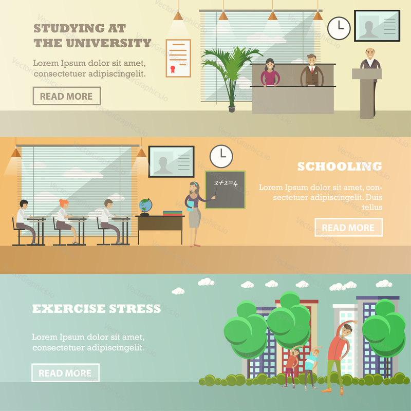 Vector set of compulsory and higher education concept horizontal banners. Studying at the university, schooling, exercise stress design elements in flat style.