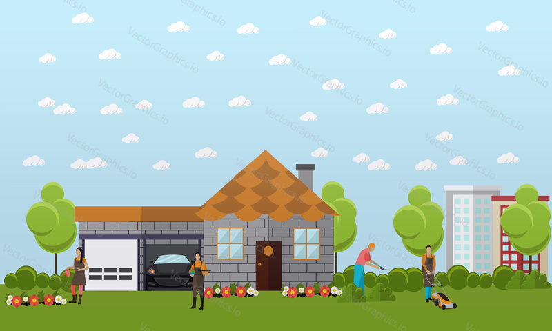 Big vacation home with green garden and garage for two cars space. Gardeners care for the garden, mowing the lawn, watering the flowers, trimming hedge. Vector banner in flat design