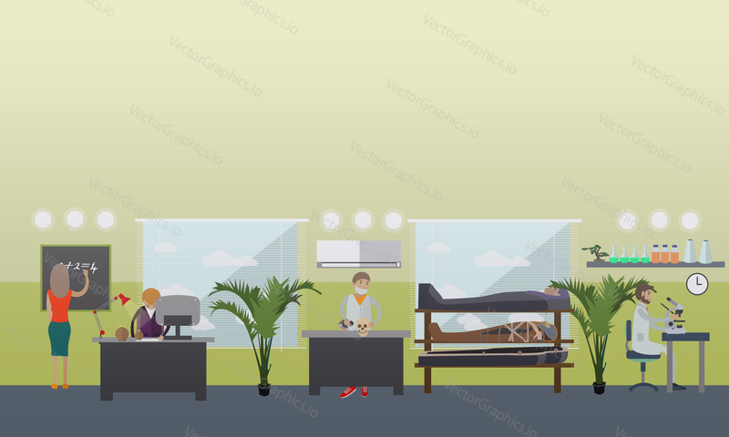 Vector illustration of archaeological laboratory interior, archaeologists and lab equipment. Archaeological research concept design element in flat style.