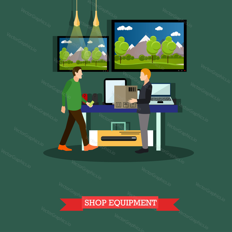 Vector illustration of shop consumer equipment and electronics in flat style. People shopping and selling goods. Buyer is going to take cardboard box from shop assistants hands.