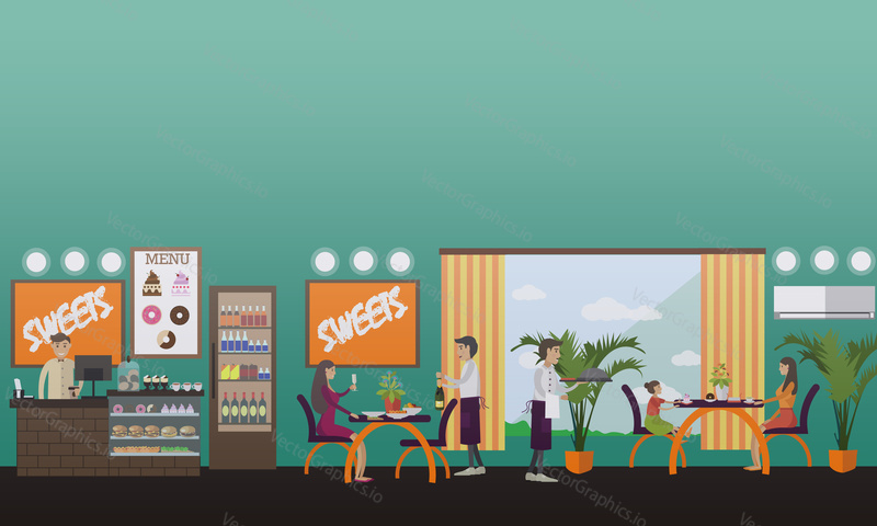 Vector illustration of barista at bar counter, waiter serving dish, people having dinner, lunch or supper. Eatery concept design element in flat style.
