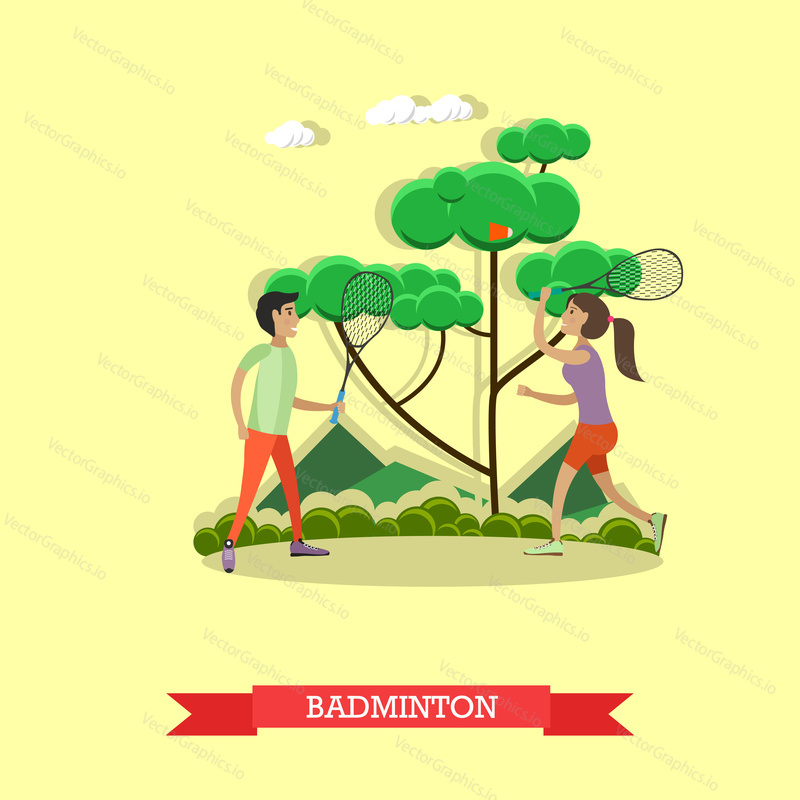 Vector illustration of boy and girl playing badminton. Summer vacation, outdoor games concept design element in flat style.