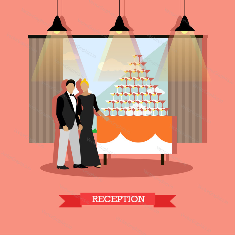 Reception in restaurant concept vector illustration in flat style. Restaurant interior and visitors man and woman near table with drink
