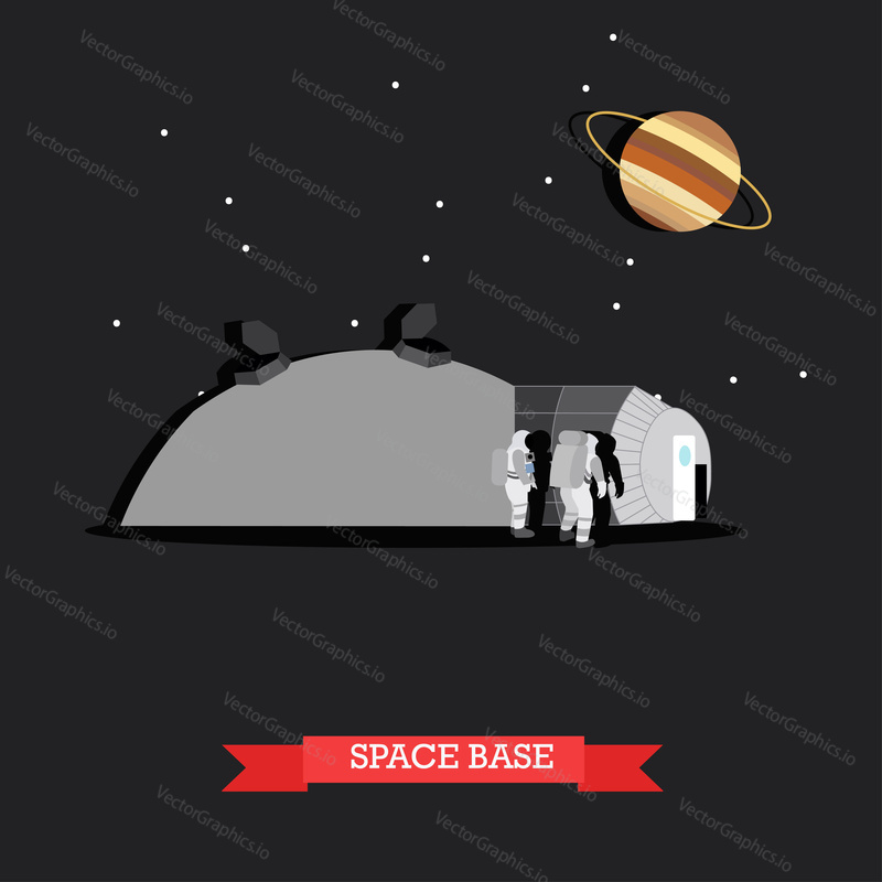 Vector illustration of space base and astronauts walking on surface of planet. Ringed planet Saturn. Space exploration concept design element in flat style.