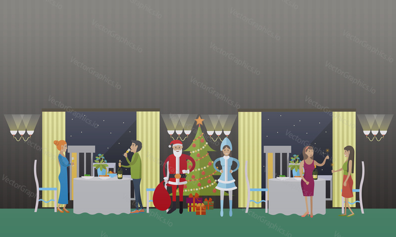 Vector illustration of New Years Eve celebration at restaurant with Santa Claus and Snow Maiden. People with glasses of champagne and sparklers. New Years party concept design element, flat style