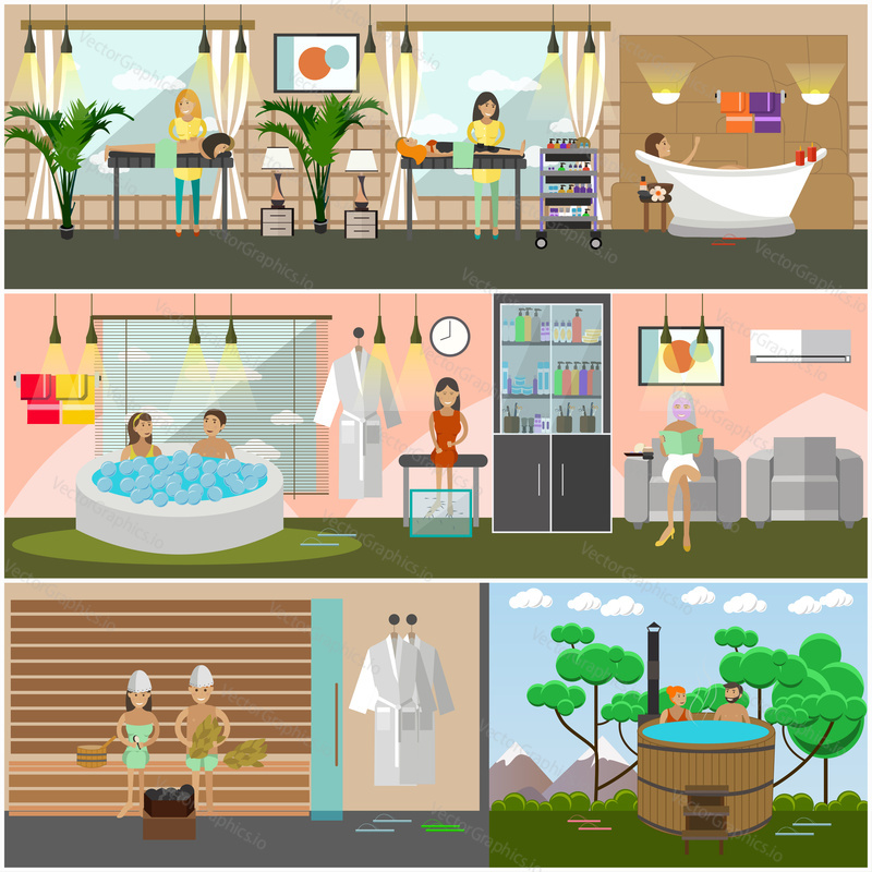 Vector set of spa therapy concept posters, banners. Body massage, facial treatment, body wraps, fish pedicure, steam sauna and barrel services flat style design elements.