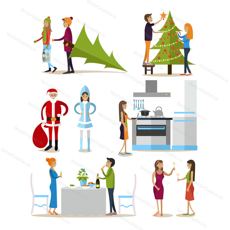 Vector set of New Years Eve celebration design elements, isolated icons in flat style. People cooking meal, dressing christmas tree, drinking champagne, wearing Santa Claus and Snow-maiden suits.