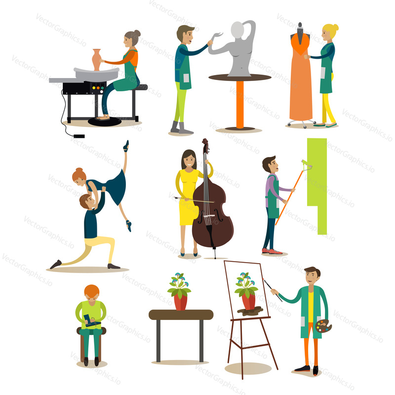 Vector icons set of artistic profession people isolated on white background. Flat style design elements.