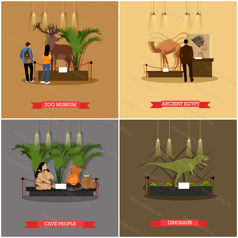 Vector set of posters, banners with museum expositions design elements in flat style. Exhibits of cave people, Nefertiti bust, stuffed wild and extinct animals.