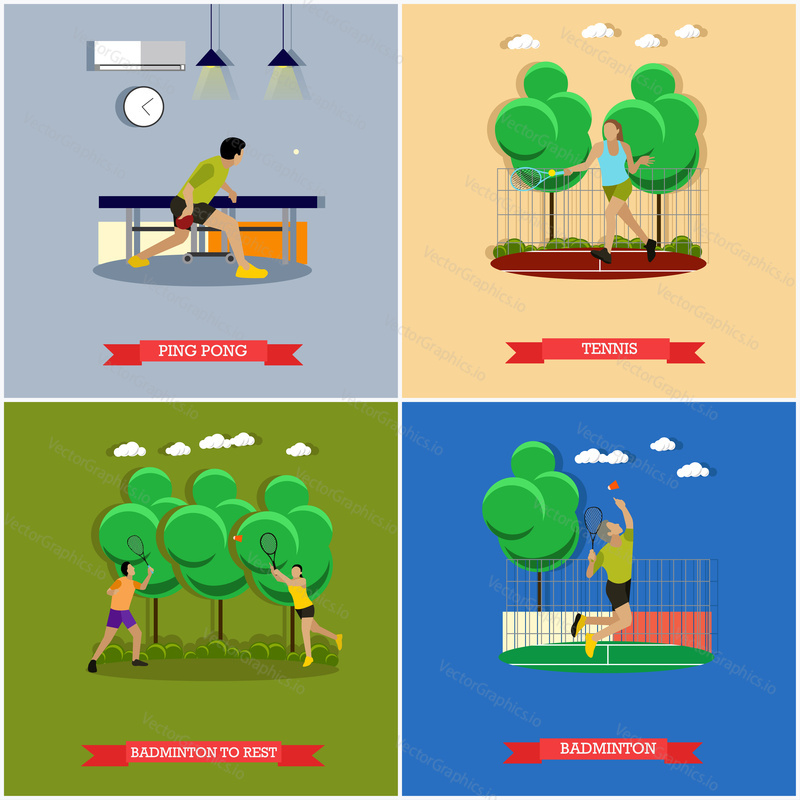 Vector set of tennis, ping pong and badminton games, players and equipment. Professionals and Amateurs. Active lifestyle. Flat design