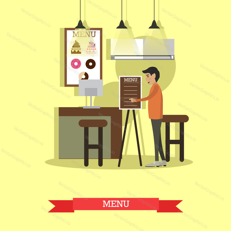 Vector illustration of man pointing at menu. Coffee house, cafe, shop concept design element in flat style.