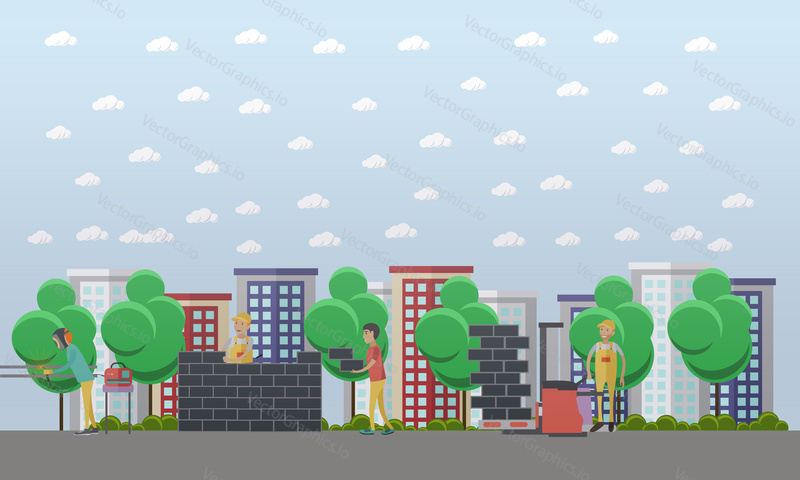 Vector illustration of bricklayer, loader, welder working at building site. Residential construction, masonry concept vector illustration in flat style.