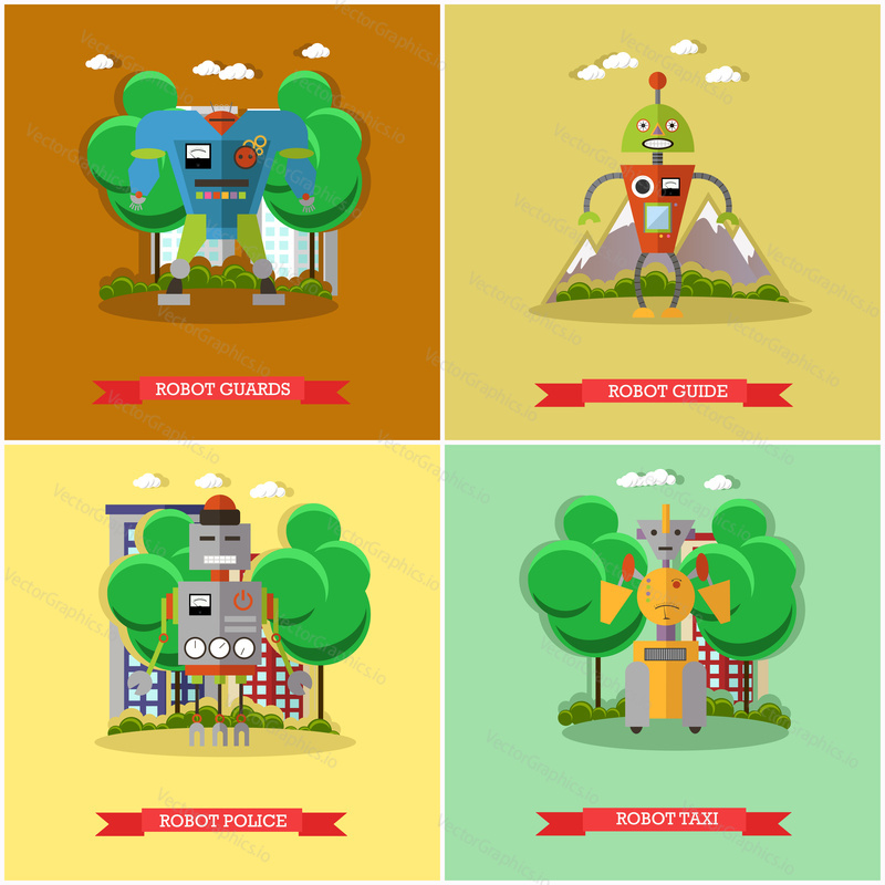 Vector set of robots. Robot guards, guide, police and taxi design elements, icons in flat style. Technology concept.
