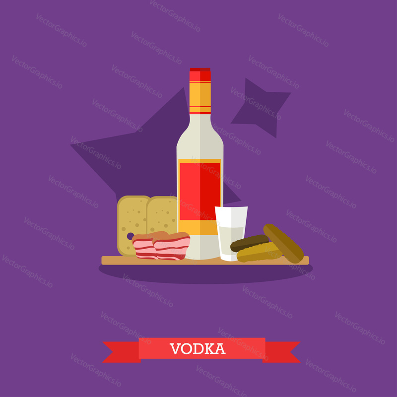 Vektorová ilustrace láhve vodky a výstřel s předkrmem, svačina. Chléb, nakládané okurky a sádlo na prkénku. Populární alkoholický nápoj v Rusku. Plochý design