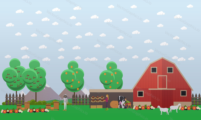 Vector illustration of beekeeper and farmers, male and female, working on apiary and farm. Beekeeping and farming concept design element in flat style