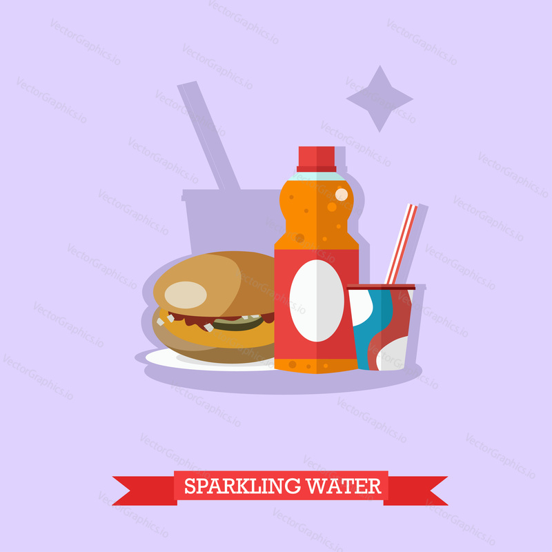 Vektorové ilustrace šumivých nápojů. Oranžová soda v láhvi a sladká soda v papírovém šálku s hamburgerem poblíž. Oblíbený nealkoholický nápoj. Plochý design