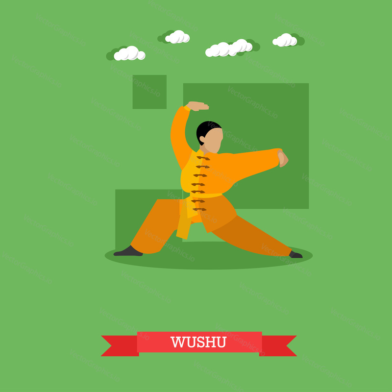 Wushu bojovník ukazuje své dovednosti. Národní bojové umění z Číny. Vektorové ilustrace v plochém designu