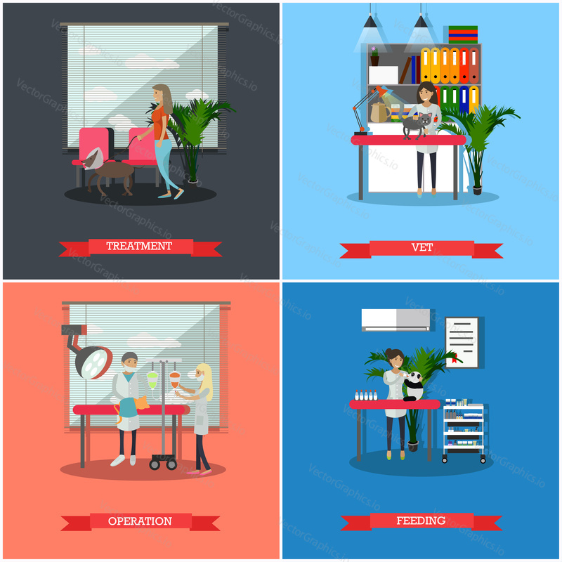 Vector set of veterinary clinic services concept posters, banners. Treatment, Vet, Operation and Feeding design elements in flat style.