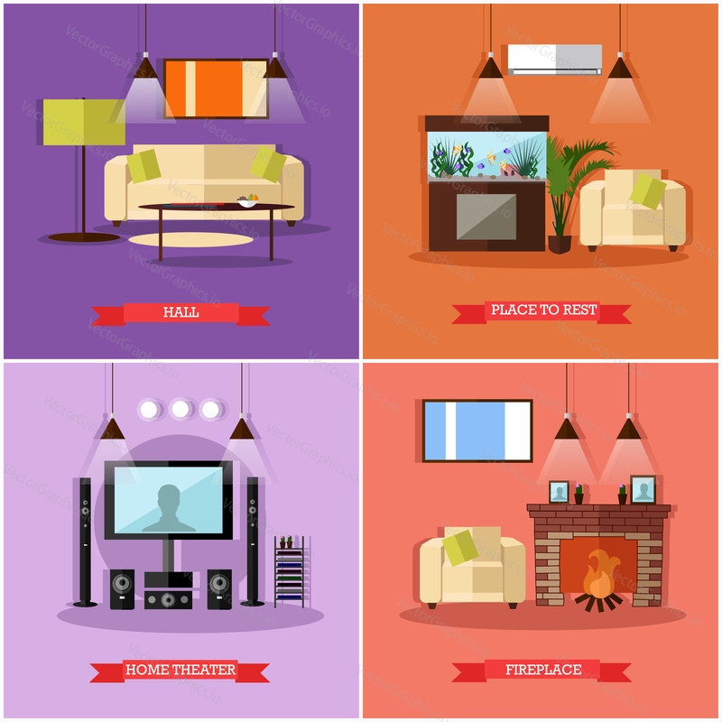 Vector set of posters, banners with home interior design elements in flat style. Place to rest, hall, home theatre and fireplace.