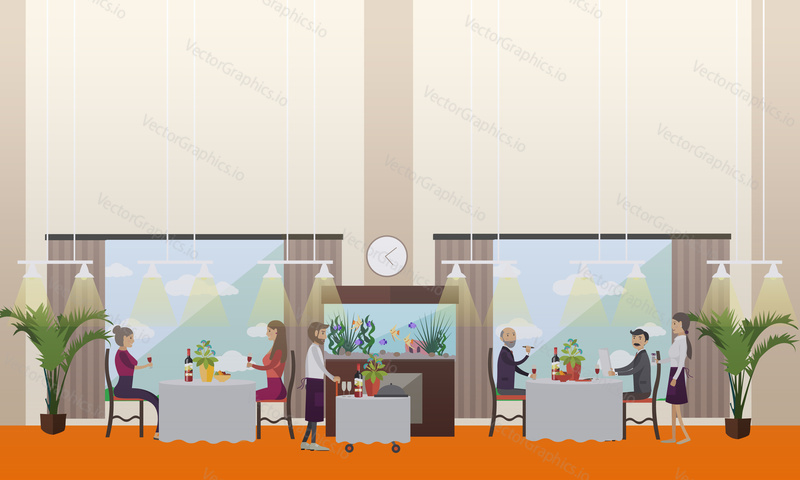 Vector illustration of luxury restaurant interior, waiters and people having dinner, lunch or supper. Good restaurant concept design element in flat style.