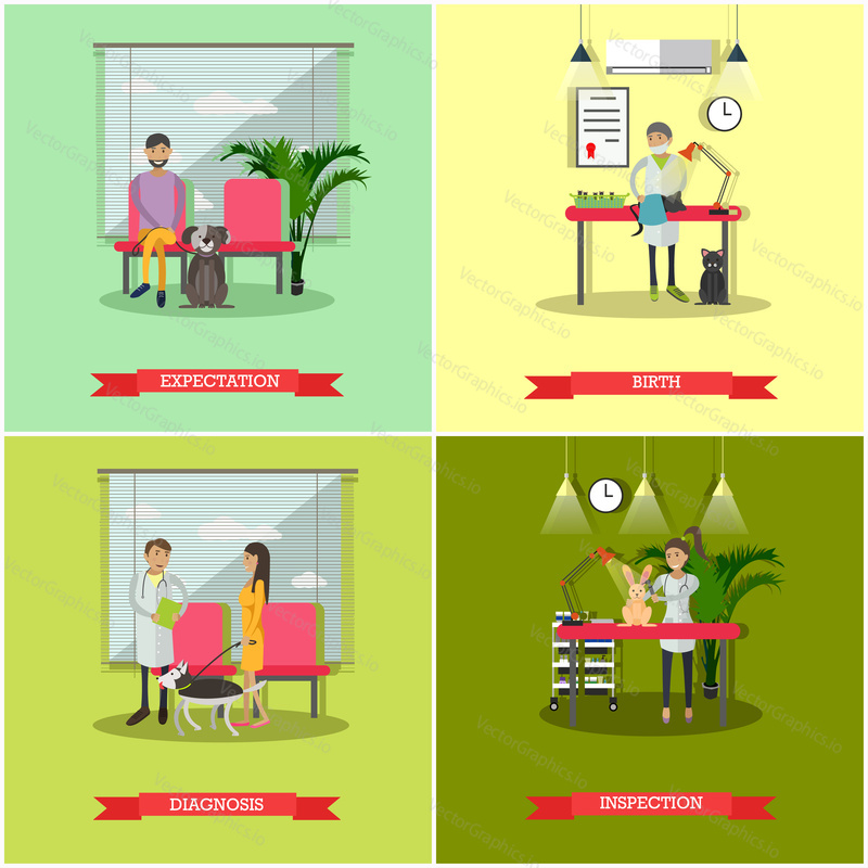 Vector set of veterinary clinic services concept posters, banners. Expectation, Birth, Diagnosis and Inspection design elements in flat style.